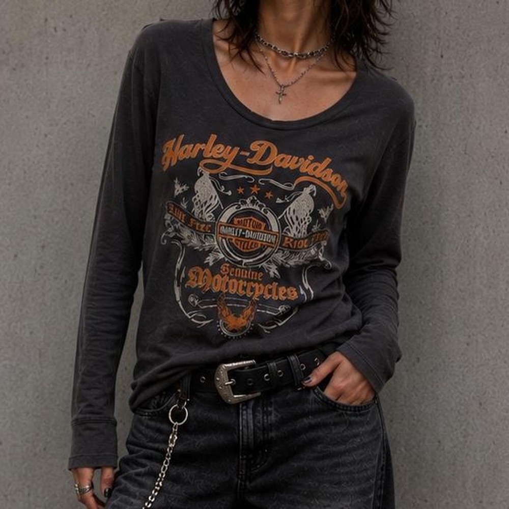 Harley Davidson Faded Long Sleeve Graphic Tee Moto Girl Biker Large